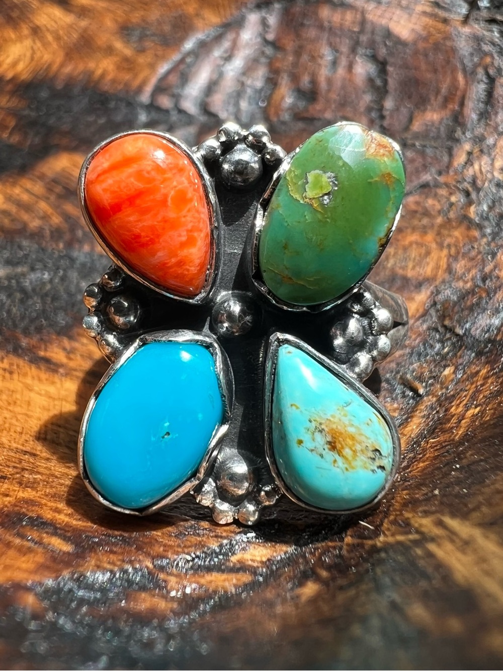 Kingman Turquoise Spiny Oyster Multi Stone Ring Sz 8.75 Sterling Silver